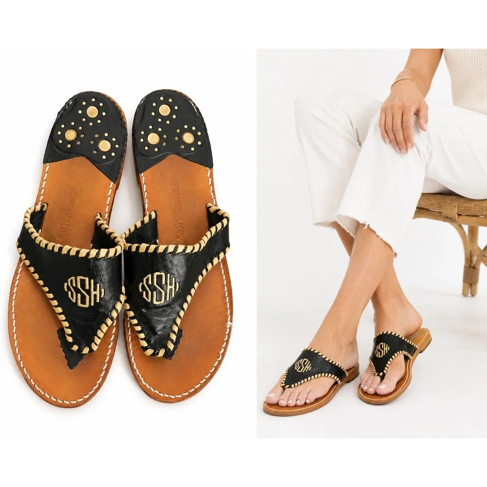 Stephen Bonanno Sandals Women 8.5 Black Beige‎ Leather Flat SSH Monogram Slide